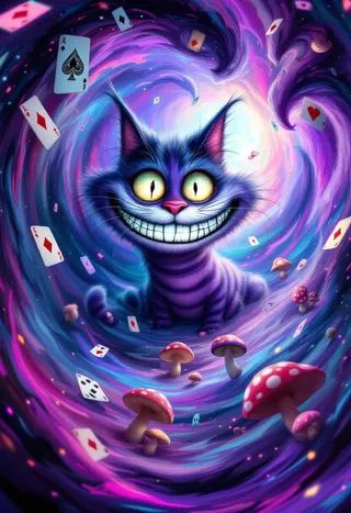 A psychedelic portrait of the Cheshire Cat from Alice in Wonderland with a wide grin, large glowing eyes, surrounded by a swirling vortex of purple, pink, and blue colors, floating playing cards, and red mushrooms with white spots.