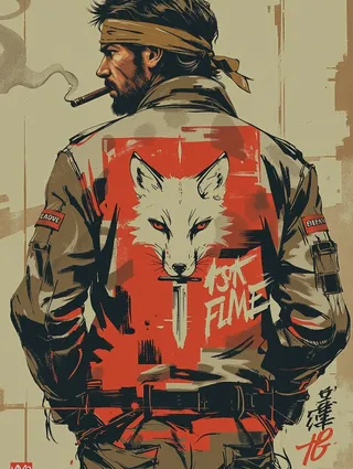 Poster d'arte moderna che mostra un uomo robusto con una fascia khaki sulla testa che fuma un sigaro, indossando una giacca di pelle con un audace emblema di volpe che stringe un pugnale sulla schiena, realizzato in colori smorzati e grintosi.