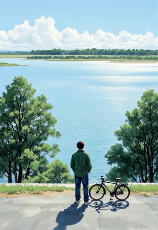 A young man stands on a levee next to a bicycle, overlooking a vast river with green trees under a bright blue sky rendered in a watercolor hybrid style.