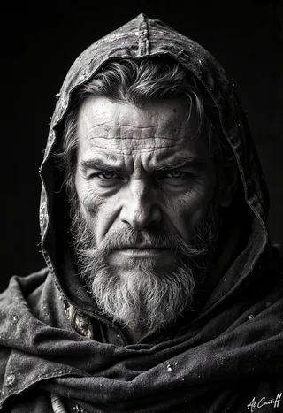 Black-and-white portrait of an elderly man with a weathered face and thick gray beard wearing a worn hooded cloak, staring intensely at the viewer.