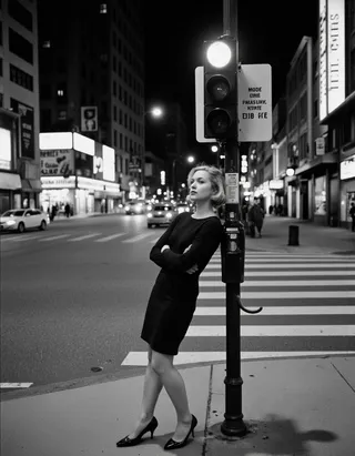 Black and white photo of a young woman in a black dress leaning against a traffic light pole on a city street at night, with cars and illuminated buildings in the background.
