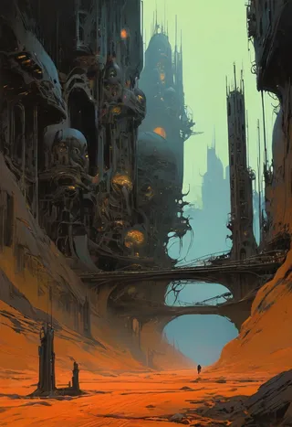 A nightmarish landscape featuring towering, dark biomorphic and mechanistic structures blending bone, metal, and flesh against an eerie green sky over an orange barren ground with a lone figure in the distance.