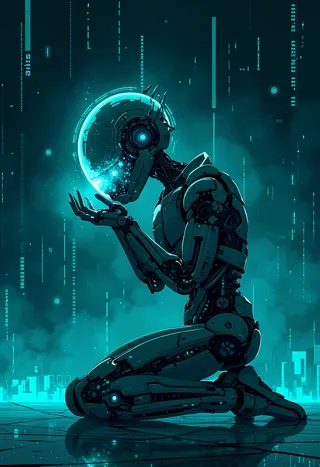 Smukły, pełnocielesny futurystyczny droid klęczący na ziemi, z opuszczoną głową i uniesionymi rękami, świecące niebiesko-zielone obwody na hełmie i szczegółowe cybernetyczne ciało, ustawiony na tle cyfrowego kodu w stylu matrix.