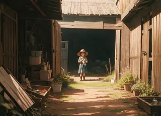 A little girl wearing a wide-brimmed hat and dress stands in a sunlit rustic farm courtyard surrounded by wooden structures and potted plants, rendered in a painterly cinematic style with atmospheric perspective.