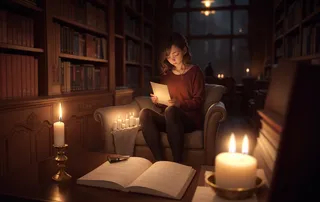 Photorealistic image of a girl sitting in a comfy chair in a library, surrounded by candles with warm mood lighting, reading a sheet of paper.