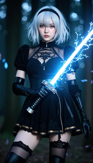 Uma mulher de cabelos prateados com cabelo curto desgrenhado e pele pálida em um vestido de combate gótico preto está em uma floresta escura e enevoada segurando uma katana azul brilhante que emite faíscas elétricas, com iluminação dramática destacando sua expressão intensa e meia-calça de renda.