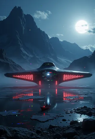 A futuristic spaceship with neon red lights and glowing interior, set in a moonlit icy landscape surrounded by towering jagged mountains and calm reflective water with a small red boat in the foreground.