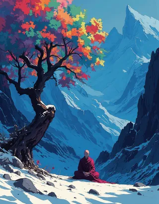 A bald Shaolin monk in a crimson robe meditating cross-legged on snow in a valley surrounded by jagged blue mountains, near a gnarled tree with vibrant autumn leaves.