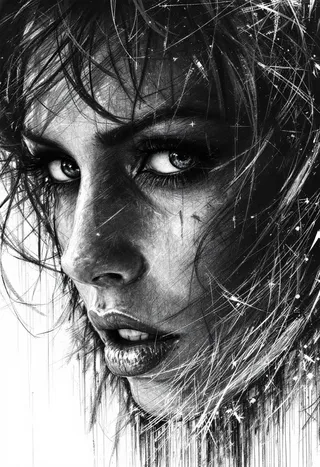 A highly detailed scratchboard style black and white portrait of a woman's face showcasing bright highlights through dark layers.
