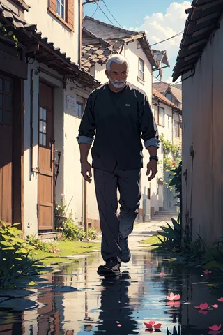 An elderly father walking alone down a sunlit village alley with reflections and pink petals on wet ground.