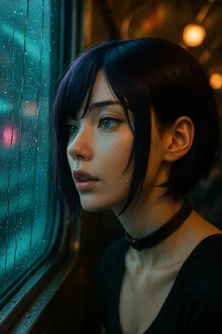 Close-up photorealistic portrait of Reze with purple hair and emerald eye, gazing through rain-speckled subway window illuminated by cyan and amber light.