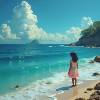A young girl in a pink dress stands barefoot on the sandy shore, gazing at turquoise ocean waves under a sky filled with towering dreamlike clouds and a distant island on the horizon.