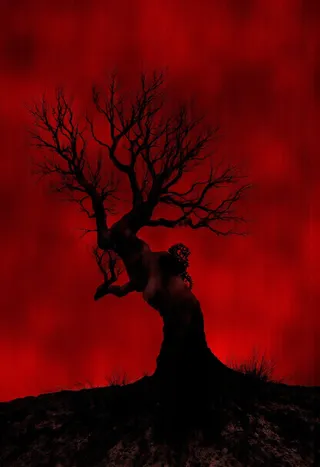 A twisted black tree with gnarled branches silhouetted against a deep red sky, growing from dark soil with visible roots and sparse grass.