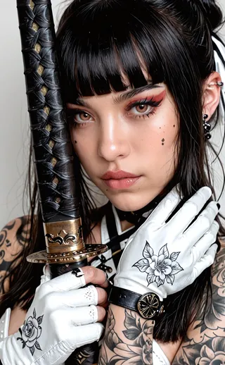 Closeup of a brown-eyed ninja girl with black hair and bangs holding a katana, wearing white gloves with floral tattoos, showcasing detailed face makeup and arm tattoos.