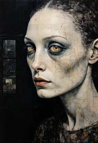 Close-up mixed-media portrait of an ancient fey entity with textured charcoal skin and a luminous, golden eye under dramatic side lighting.