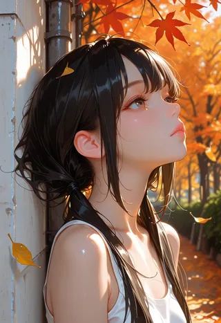 Realistic portrait of a girl with long black hair in low twintails, brown eyes, and petite body, standing against an autumnal background with orange falling leaves.