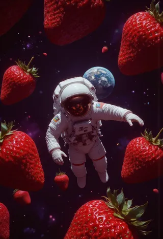 Astronaut in white spacesuit floating among huge red strawberries in outer space with Earth visible in the background and a purple-tinged starry sky.
