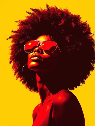 High contrast graphic design portrait of a young Black woman with a natural afro hairstyle, wearing red aviator sunglasses against a yellow background.