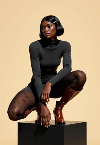 A poised woman with dark skin and a short bob hairstyle squatting on a black pedestal, dressed in a ribbed dark grey long-sleeve dress, sheer black patterned tights, and glossy brown knee-high boots, set against a beige minimalist background.