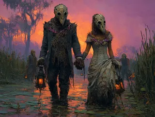 A couple wearing intricately carved bone masks shaped like mourning doves, dressed in tattered glowing wedding attire, walking hand-in-hand through swamp fog at twilight, followed by ghost children with lanterns.