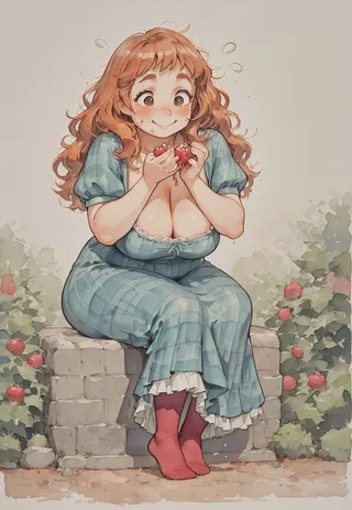 Watercolor painting of a plump Victorian-era woman with long wavy copper hair and brown eyes, wearing a blue checkered dress with frills and red stockings, sitting on a stone bench surrounded by raspberry bushes, holding raspberries with juice drops on her face and chest.