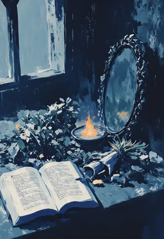 A cinematic still life of an open spellbook beside a shattered ornate mirror, smoldering herb bundle, obsidian stones, wilted petals, and two crow talons clutching a bone charm on a cold stone floor under an arched window with rain.