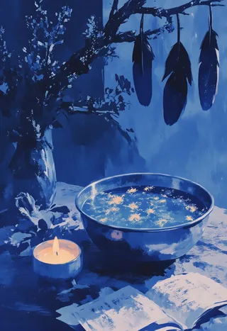 A silver bowl filled with rainwater and floating dandelions sits on a worn table illuminated by a flickering blue candle flame, accompanied by hanging black feathers and druidic calendar pages.