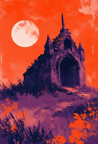 A crumbling black stone chapel with broken spires stands crookedly on a violet grass-covered crimson moor, under a large pale cracked moon, in a richly saturated cinematic landscape.