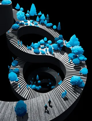 A surreal infinite black stone spiral staircase with electric blue trees and blue silhouette pedestrians walking at different angles, defying gravity, on a pure black background.