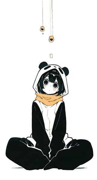 Black-haired girl wearing a panda kigurumi with a yellow scarf, big eyes, and head tilted, sitting cross-legged in a monochrome style.