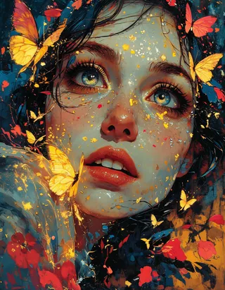 Close-up anime art of a woman's face with wide eyes reflecting a swirling cosmos and glowing yellow butterflies around her, set against a vibrant abstract background.