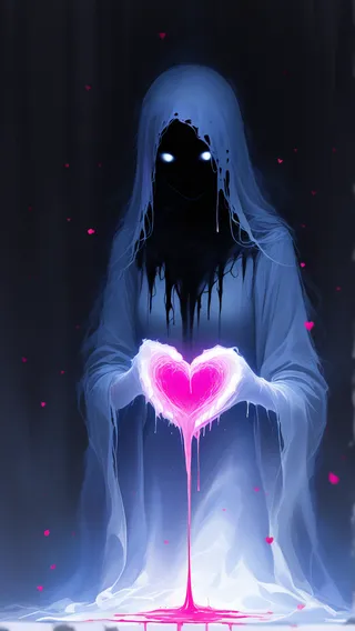 Ethereal ghostly figure with glowing white eyes and dark face draped in a translucent blue cloak, holding a glowing dripping pink heart against a dark background