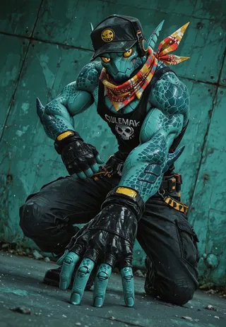 A kneeling fishman with greenish blue scaly skin and yellow eyes wearing a black trucker hat, colorful scarf, fingerless gloves, and black tank top with skull logo