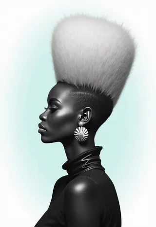 Profile of a dark-skinned person with voluminous white hair styled upward, wearing bold metallic earrings and a black turtleneck against a soft pastel gradient background.