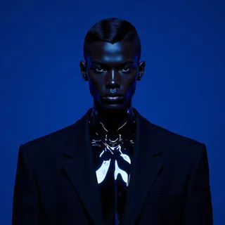 A striking high-fashion portrait of a subject with deep dark skin and a metallic sheen, styled with a geometric flat-top haircut and wearing an oversized black blazer against a deep blue background.