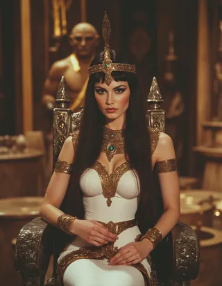 Egyptian Queen Cleopatra in ornate gold and white attire seated on a decorated throne inside the Palace of the Pharaohs with a pharaoh statue in the background.