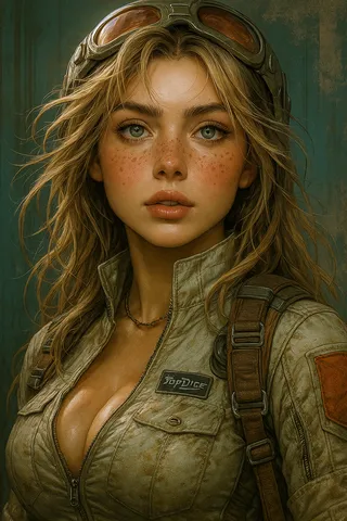 Realistic portrait of a blonde woman with freckles, wearing a weathered pilot jacket and goggles on her head