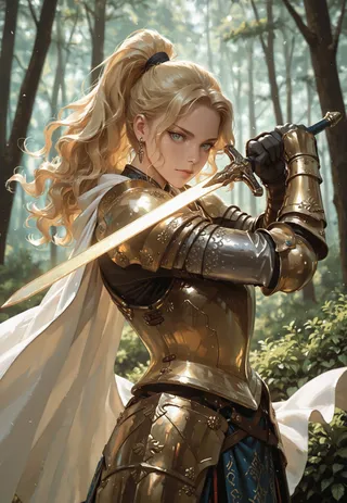 A blonde female knight in detailed gold plate armor stands in a forest holding a glowing sword in a defensive battle stance.