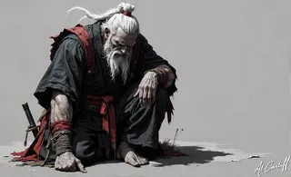 An elderly muscular man with long white hair tied in a topknot and a full white beard crouches with his head bowed. He wears a tattered black kimono with a red sash and has a scarred, bandaged right hand gripping a sheathed katana on the ground.