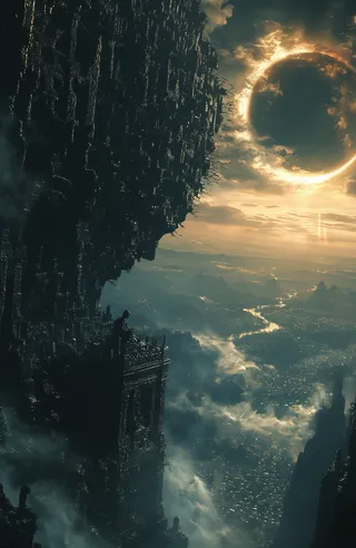 A vast dark necropolis cliffside under a glowing solar eclipse with fog and a distant city in the misty landscape.