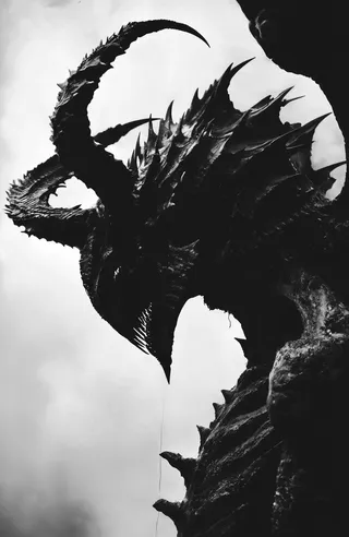 Black and white silhouette of a monstrous demon core with large curved horns and sharp spikes on its body against a cloudy sky.