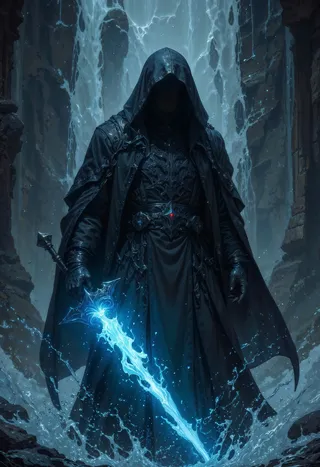 A mysterious hooded figure in dark robes stands before a cascading waterfall, wielding a glowing blue sword with water splashing dynamically around.