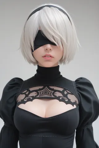 Female character Yorha No. 2 Type B with white short hair and black blindfold wearing a black dress with puffy sleeves and a decorative cleavage cutout.