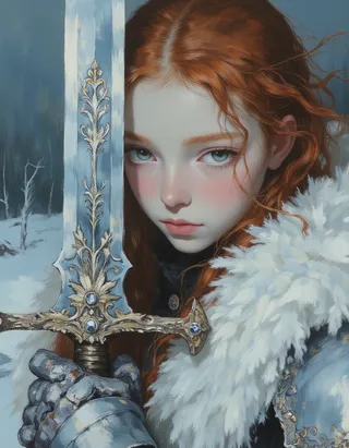 Close-up oil painting portrait of a pale princess with long red hair, holding an ornate sword glowing with blue frost, clad in detailed winter armor with fur, set against a cold snowy battlefield.