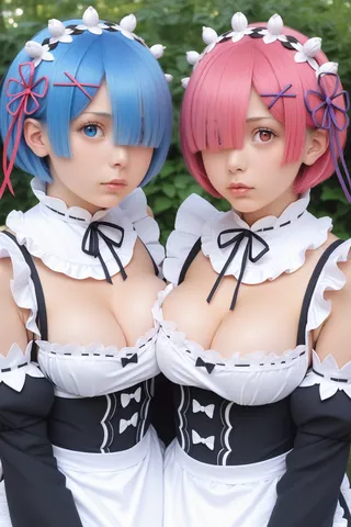 Two female twins in matching black and white maid uniforms with one having blue hair and the other pink hair, both wearing maid headdresses and posing closely together outdoors.
