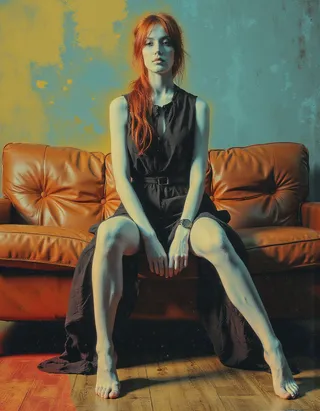 A photorealistic digital portrait of a young red-haired woman sitting barefoot on a brown leather sofa, wearing a black high-low dress, with muted yellow and cyan background tones.
