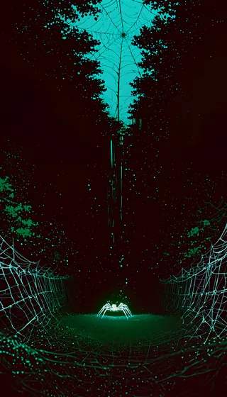 A dark eerie scene featuring a glowing bioluminescent spider at the center of a large spider web suspended among silhouetted trees under a glowing sky, evoking Japanese horror aesthetics.