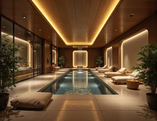 Modern public bath house interior with warm ambient LED lighting, wood-paneled walls, an indoor waterfall, plush lounge chairs, and lush green plants surrounding a central communal bath.