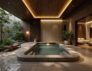 Modern public bathhouse interior featuring an indoor pool with stone edging, warm LED lighting along wooden ceiling and walls, and lush indoor plants.