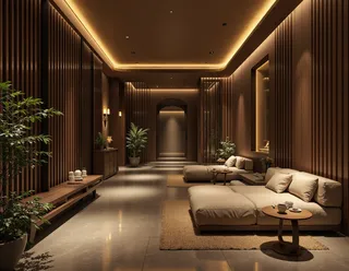 Warmly lit modern public bath house lounge featuring minimalist design with dark wood panels, soft beige modular seating, indoor plants, and ambient LED lighting.